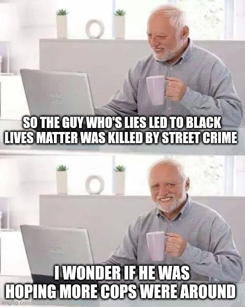 Just Desserts | SO THE GUY WHO'S LIES LED TO BLACK LIVES MATTER WAS KILLED BY STREET CRIME; I WONDER IF HE WAS HOPING MORE COPS WERE AROUND | image tagged in memes,hide the pain harold | made w/ Imgflip meme maker