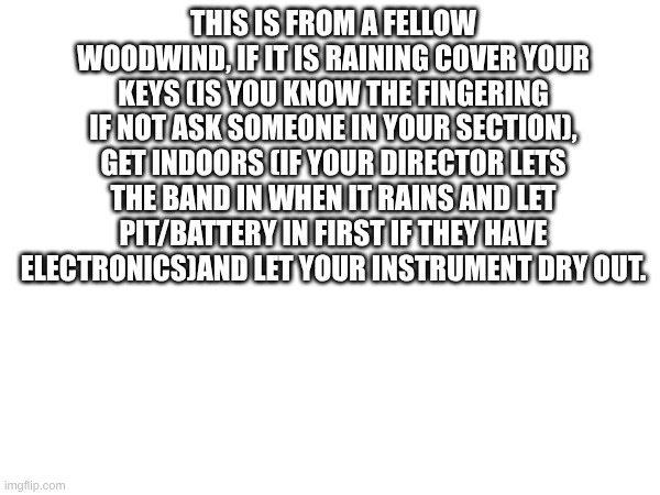Message for any woodwind players :3 (note I could not find the fingerings online,ik the one for flute-will take pic of fingers) | THIS IS FROM A FELLOW WOODWIND, IF IT IS RAINING COVER YOUR KEYS (IS YOU KNOW THE FINGERING IF NOT ASK SOMEONE IN YOUR SECTION), GET INDOORS (IF YOUR DIRECTOR LETS THE BAND IN WHEN IT RAINS AND LET PIT/BATTERY IN FIRST IF THEY HAVE ELECTRONICS)AND LET YOUR INSTRUMENT DRY OUT. | made w/ Imgflip meme maker