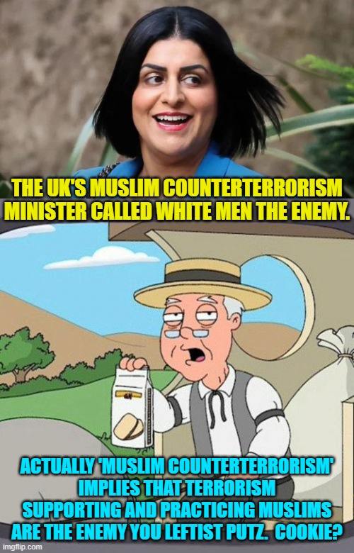 Is there anything that the standard leftist doesn't get wrong? | THE UK'S MUSLIM COUNTERTERRORISM MINISTER CALLED WHITE MEN THE ENEMY. ACTUALLY 'MUSLIM COUNTERTERRORISM' IMPLIES THAT TERRORISM SUPPORTING AND PRACTICING MUSLIMS ARE THE ENEMY YOU LEFTIST PUTZ.  COOKIE? | image tagged in pepperidge farm remembers | made w/ Imgflip meme maker