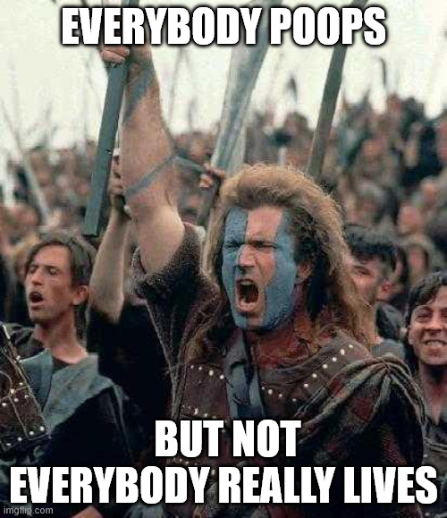 Braveheart Mel Gibson | EVERYBODY POOPS; BUT NOT EVERYBODY REALLY LIVES | image tagged in braveheart mel gibson | made w/ Imgflip meme maker
