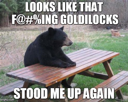 Bad Luck Bear Meme | LOOKS LIKE THAT F@#%ING GOLDILOCKS STOOD ME UP AGAIN | image tagged in memes,bad luck bear | made w/ Imgflip meme maker