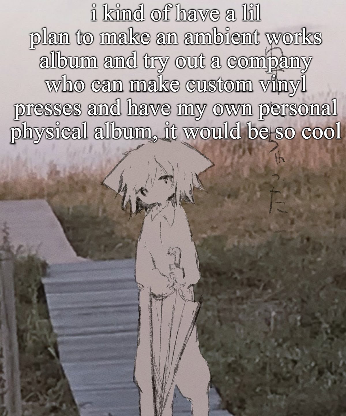 im still in the process of getting footage for a music video of my first track from the album tho | i kind of have a lil plan to make an ambient works album and try out a company who can make custom vinyl presses and have my own personal physical album, it would be so cool | image tagged in a temp | made w/ Imgflip meme maker
