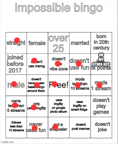 impossible bingo | ON MY OTHER ACC | image tagged in impossible bingo | made w/ Imgflip meme maker