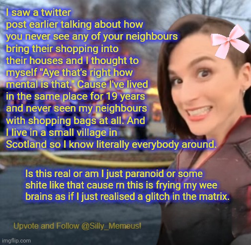 Either I sound very relatable or I sound like a complete maniac rn. Which is it? | I saw a twitter post earlier talking about how you never see any of your neighbours bring their shopping into their houses and I thought to myself "Aye that's right how mental is that." Cause I've lived in the same place for 19 years and never seen my neighbours with shopping bags at all. And I live in a small village in Scotland so I know literally everybody around. Is this real or am I just paranoid or some shite like that cause rn this is frying my wee brains as if I just realised a glitch in the matrix. | image tagged in disaster girl memeus edition template,questions | made w/ Imgflip meme maker