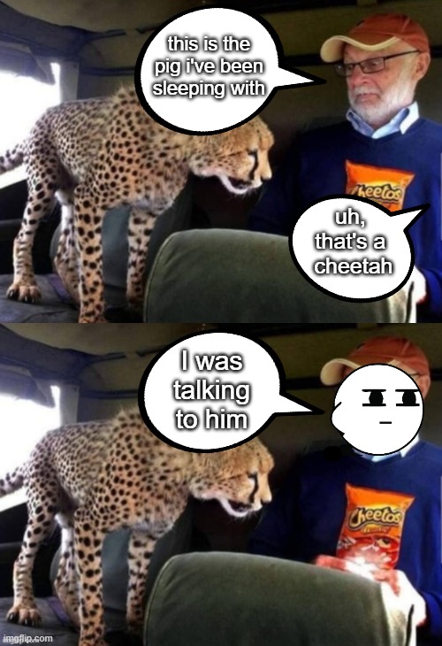 e | this is the pig i've been sleeping with; uh, that's a
 cheetah; I was talking to him | image tagged in cheetah wants cheetos,cheetos,cheetah,girl,lol so funny,pig | made w/ Imgflip meme maker