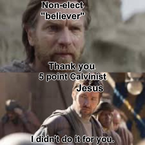 The Evanescent Grace lie is the worst assault on God's character & cruelest thing He could do to a person | Non-elect; "believer"; Thank you; 5 point Calvinist; Jesus; I didn't do it for you. | image tagged in calvinism,calvinist memes,evanescent grace blasphemes the holy spirit,christianity,god can't lie | made w/ Imgflip meme maker