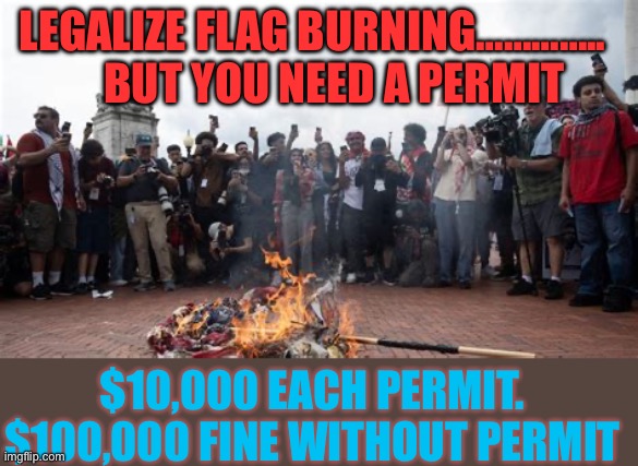 Legalize Flag burning, make money on it like marijuana | LEGALIZE FLAG BURNING…………..       BUT YOU NEED A PERMIT; $10,000 EACH PERMIT. $100,000 FINE WITHOUT PERMIT | image tagged in gifs,american flag,protest,capitalism | made w/ Imgflip meme maker