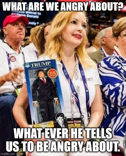Trump supporter with doll | WHAT ARE WE ANGRY ABOUT? WHAT EVER HE TELLS US TO BE ANGRY ABOUT. | image tagged in trump supporter with doll | made w/ Imgflip meme maker