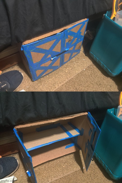 I realized my mattress overhangs a lot so I made this little cardboard cabinet I can wedge under it | made w/ Imgflip meme maker