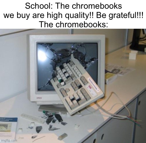 School: The chromebooks we buy are high quality!! Be grateful!!!
The chromebooks: | image tagged in fnaf rage | made w/ Imgflip meme maker