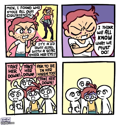 image tagged in buff,girl,scar,eye,harem,embarrassed | made w/ Imgflip meme maker