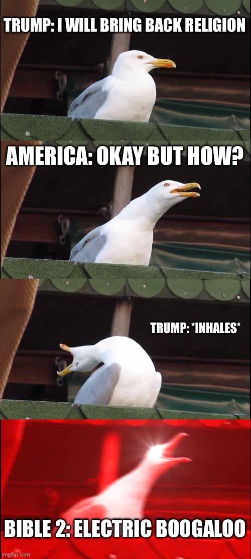 BIBLE 2: ELECTRIC BOOGALOO | TRUMP: I WILL BRING BACK RELIGION; AMERICA: OKAY BUT HOW? TRUMP: *INHALES*; BIBLE 2: ELECTRIC BOOGALOO | image tagged in memes,inhaling seagull,anti-religion,donald trump,religion,trump supporters | made w/ Imgflip meme maker