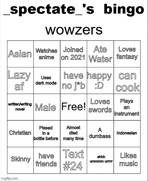 _spectate_'s bingo | image tagged in _spectate_'s bingo | made w/ Imgflip meme maker