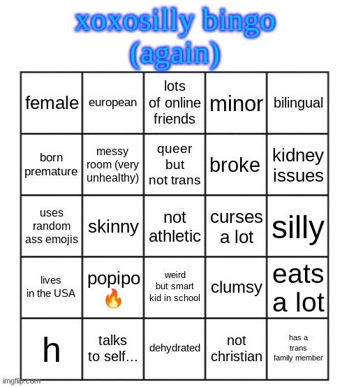 xoxosilly bingo AGAIN | image tagged in xoxosilly bingo again | made w/ Imgflip meme maker