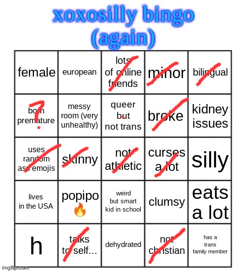 xoxosilly bingo AGAIN | image tagged in xoxosilly bingo again | made w/ Imgflip meme maker