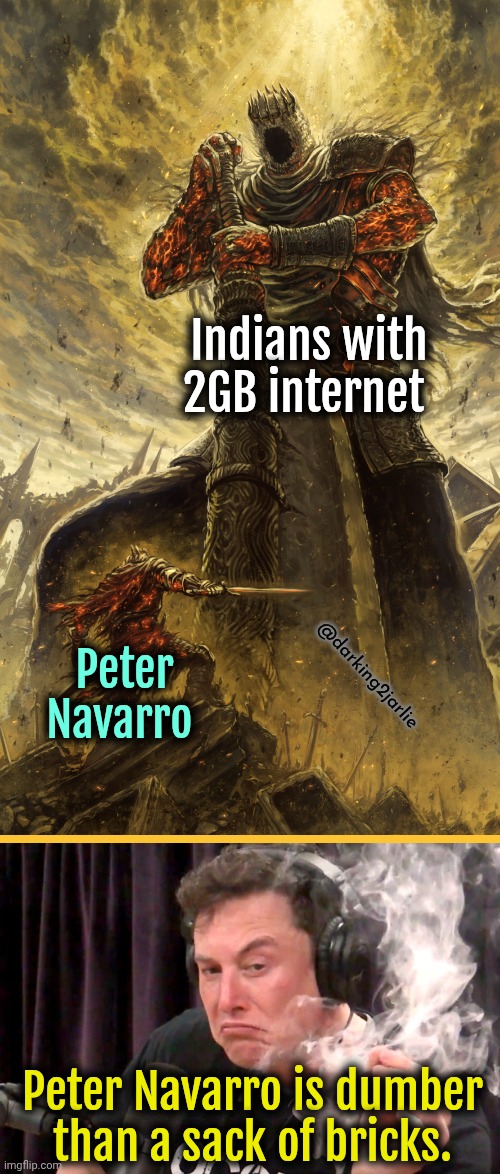Someone pls check on Peter Retarrdo he needs help. | Indians with 2GB internet; @darking2jarlie; Peter Navarro; Peter Navarro is dumber than a sack of bricks. | image tagged in fantasy painting,elon musk | made w/ Imgflip meme maker