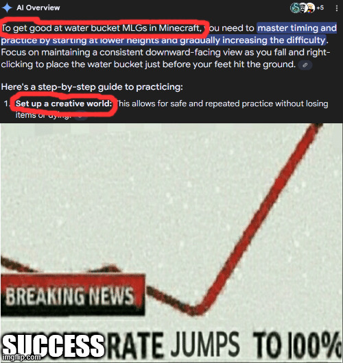 bruh whats the point of doing it in creative if you can't take damage | SUCCESS | image tagged in suicide rate jumps to 100 | made w/ Imgflip meme maker