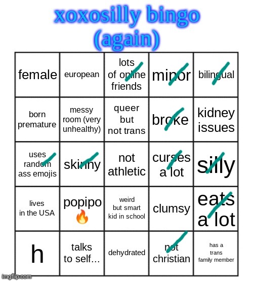 xoxosilly bingo AGAIN | image tagged in xoxosilly bingo again | made w/ Imgflip meme maker
