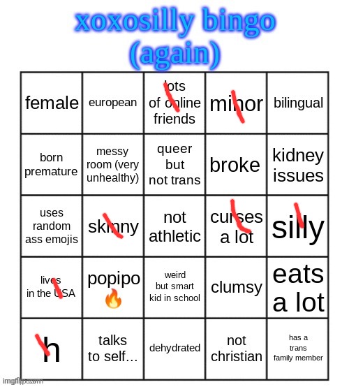 xoxosilly bingo AGAIN | image tagged in xoxosilly bingo again | made w/ Imgflip meme maker