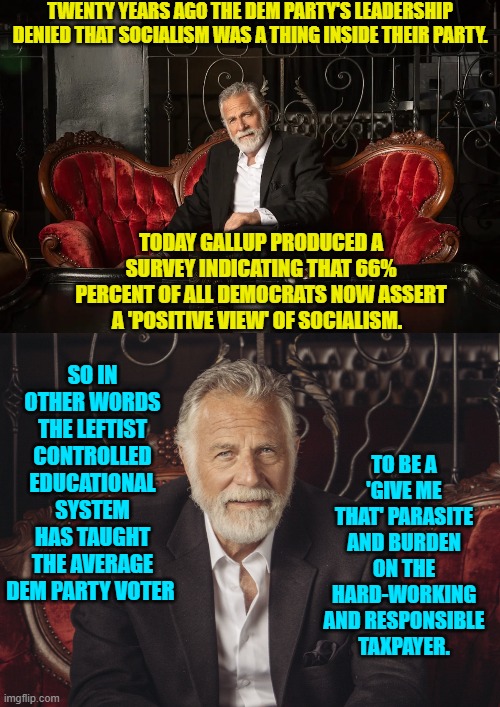Yes this was a TAUGHT ideological shift in the 'thinking' of the average Dem Party voter. | TWENTY YEARS AGO THE DEM PARTY'S LEADERSHIP DENIED THAT SOCIALISM WAS A THING INSIDE THEIR PARTY. TODAY GALLUP PRODUCED A SURVEY INDICATING THAT 66% PERCENT OF ALL DEMOCRATS NOW ASSERT A 'POSITIVE VIEW' OF SOCIALISM. SO IN OTHER WORDS THE LEFTIST CONTROLLED EDUCATIONAL SYSTEM HAS TAUGHT THE AVERAGE DEM PARTY VOTER; TO BE A 'GIVE ME THAT' PARASITE AND BURDEN ON THE HARD-WORKING AND RESPONSIBLE TAXPAYER. | image tagged in yep | made w/ Imgflip meme maker