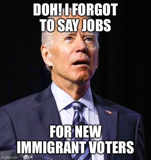 Joe Biden | DOH! I FORGOT TO SAY JOBS FOR NEW IMMIGRANT VOTERS | image tagged in joe biden | made w/ Imgflip meme maker