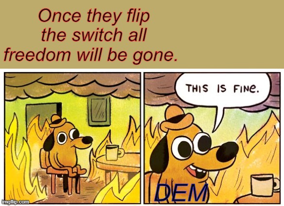 This Is Fine, Satan loves the Lib dem. 666 where you want it head or hand? it's coming | Once they flip the switch all freedom will be gone. DEM | image tagged in memes,this is fine | made w/ Imgflip meme maker