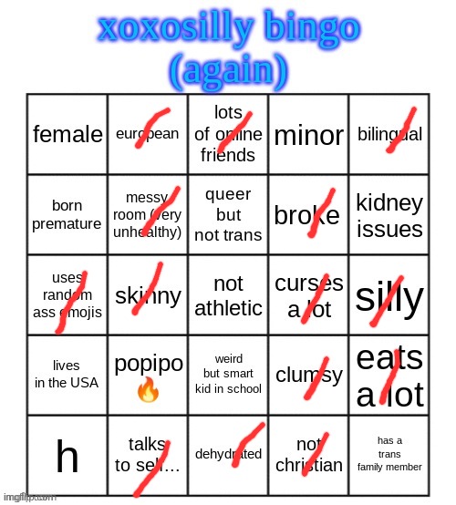 xoxosilly bingo AGAIN | image tagged in xoxosilly bingo again | made w/ Imgflip meme maker