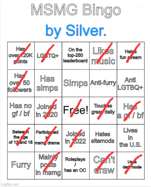 Silver.'s MSMG Bingo | image tagged in silver 's msmg bingo | made w/ Imgflip meme maker
