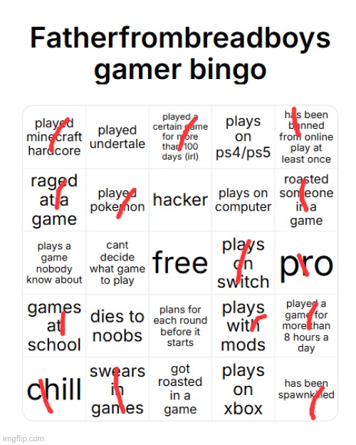 fatherfrombreadboys gamer bingo | image tagged in fatherfrombreadboys gamer bingo | made w/ Imgflip meme maker
