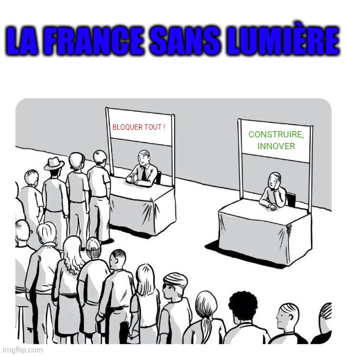 Queue | LA FRANCE SANS LUMIÈRE; BLOQUER TOUT ! CONSTRUIRE, INNOVER | image tagged in queue | made w/ Imgflip meme maker