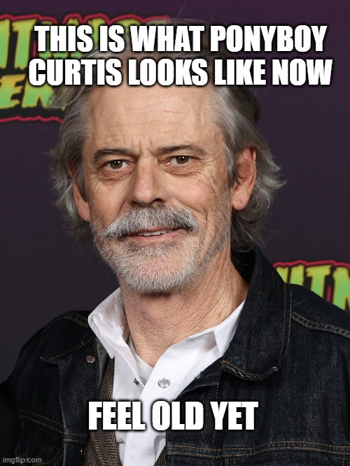 he's an old man now | THIS IS WHAT PONYBOY CURTIS LOOKS LIKE NOW; FEEL OLD YET | image tagged in the outsiders,80s,movies | made w/ Imgflip meme maker
