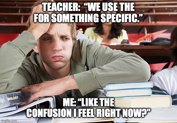 Articles | TEACHER:  “WE USE THE FOR SOMETHING SPECIFIC.”; ME: “LIKE THE CONFUSION I FEEL RIGHT NOW?” | image tagged in confused studentt,funny memes | made w/ Imgflip meme maker