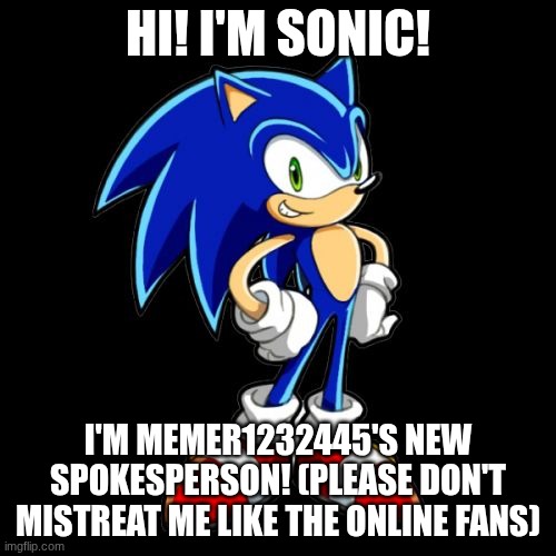 You're Too Slow Sonic | HI! I'M SONIC! I'M MEMER1232445'S NEW SPOKESPERSON! (PLEASE DON'T MISTREAT ME LIKE THE ONLINE FANS) | image tagged in memes,you're too slow sonic | made w/ Imgflip meme maker