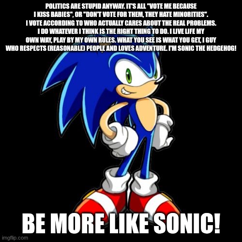 You're Too Slow Sonic | POLITICS ARE STUPID ANYWAY. IT'S ALL "VOTE ME BECAUSE I KISS BABIES", OR "DON'T VOTE FOR THEM, THEY HATE MINORITIES". I VOTE ACCORDING TO WHO ACTUALLY CARES ABOUT THE REAL PROBLEMS. I DO WHATEVER I THINK IS THE RIGHT THING TO DO. I LIVE LIFE MY OWN WAY, PLAY BY MY OWN RULES. WHAT YOU SEE IS WHAT YOU GET, I GUY WHO RESPECTS (REASONABLE) PEOPLE AND LOVES ADVENTURE. I'M SONIC THE HEDGEHOG! BE MORE LIKE SONIC! | image tagged in memes,you're too slow sonic | made w/ Imgflip meme maker