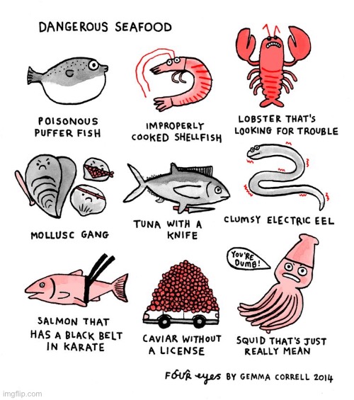 Four Eyes | image tagged in comics,four eyes,seafood,dangerous | made w/ Imgflip meme maker