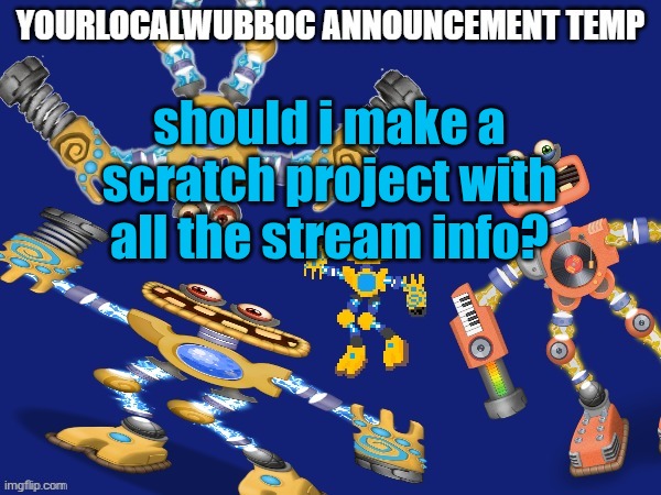 YourLocalWubboc Announcement Temp | should i make a scratch project with all the stream info? | image tagged in yourlocalwubboc announcement temp | made w/ Imgflip meme maker