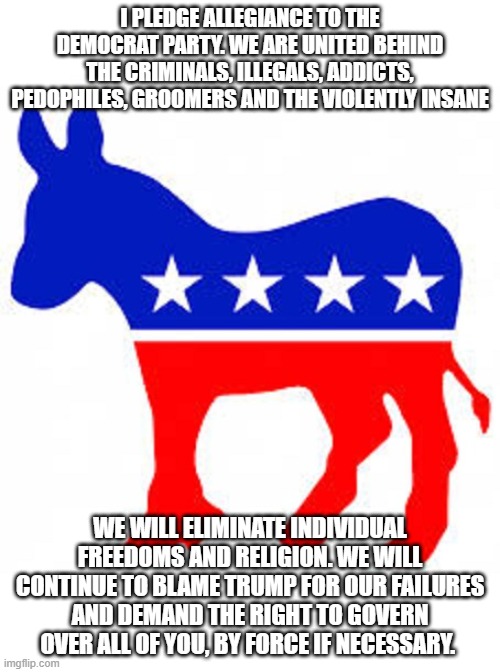 The democrat pledge of allegiance | I PLEDGE ALLEGIANCE TO THE DEMOCRAT PARTY. WE ARE UNITED BEHIND THE CRIMINALS, ILLEGALS, ADDICTS, PEDOPHILES, GROOMERS AND THE VIOLENTLY INSANE; WE WILL ELIMINATE INDIVIDUAL FREEDOMS AND RELIGION. WE WILL CONTINUE TO BLAME TRUMP FOR OUR FAILURES AND DEMAND THE RIGHT TO GOVERN OVER ALL OF YOU, BY FORCE IF NECESSARY. | image tagged in democrat donkey,democrat war on america,anti-christian,truth bomb,pledge of allegiance,we know you | made w/ Imgflip meme maker