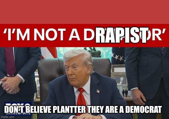 trump | RAPIST; DON'T BELIEVE PLANTTER THEY ARE A DEMOCRAT | image tagged in trump | made w/ Imgflip meme maker