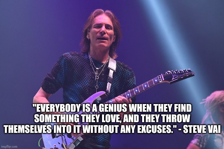 everybody is a genius | "EVERYBODY IS A GENIUS WHEN THEY FIND SOMETHING THEY LOVE, AND THEY THROW THEMSELVES INTO IT WITHOUT ANY EXCUSES." - STEVE VAI | image tagged in music,inspirational quote | made w/ Imgflip meme maker