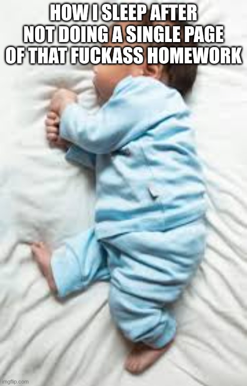 true | HOW I SLEEP AFTER NOT DOING A SINGLE PAGE OF THAT FUCKASS HOMEWORK | image tagged in how i sleep after,homework,school | made w/ Imgflip meme maker
