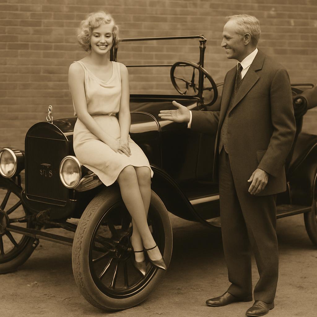 Henry Ford presenting a beautiful blonde girl in her 20s on top Blank Meme Template
