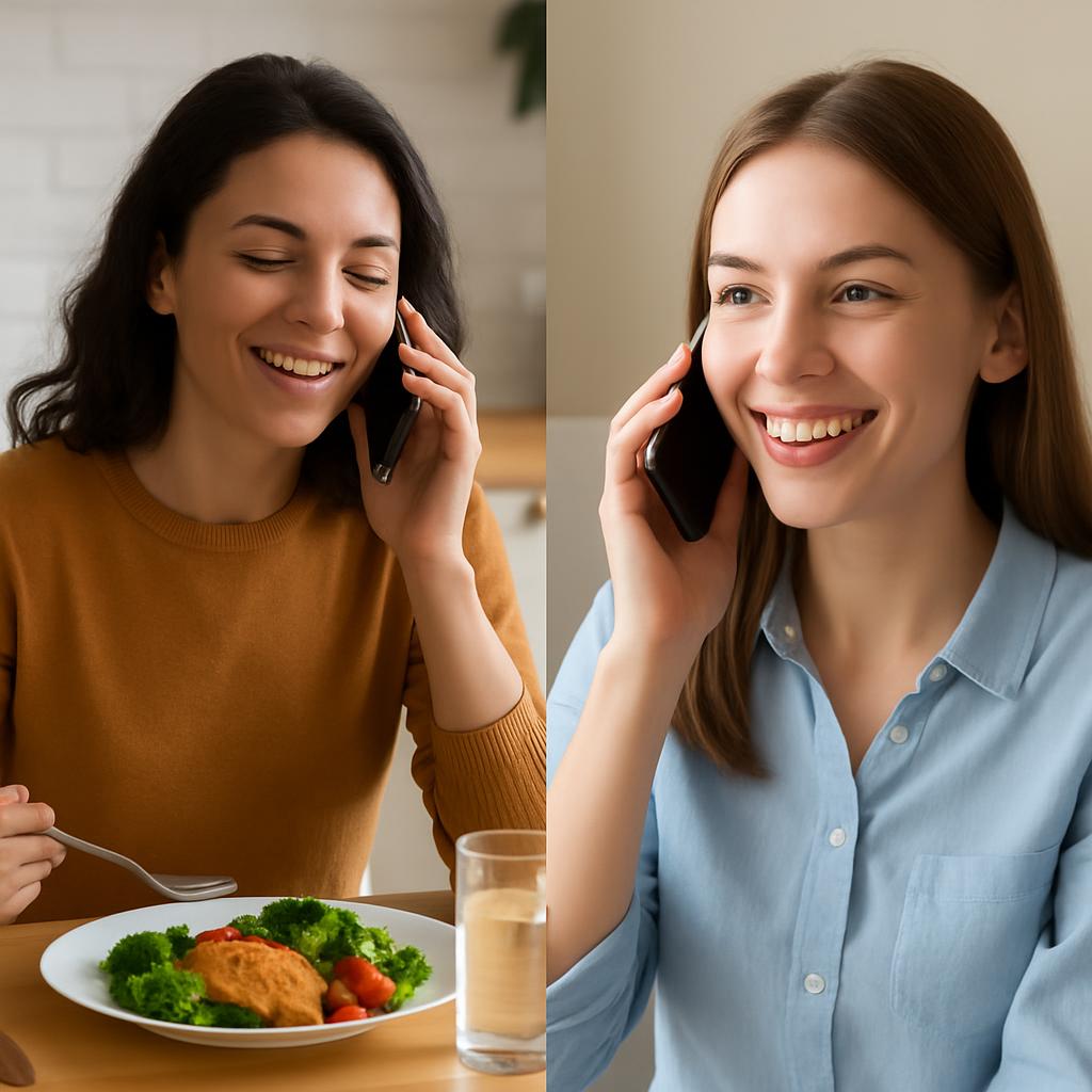 two women talking over phone . one infront of food. Blank Meme Template