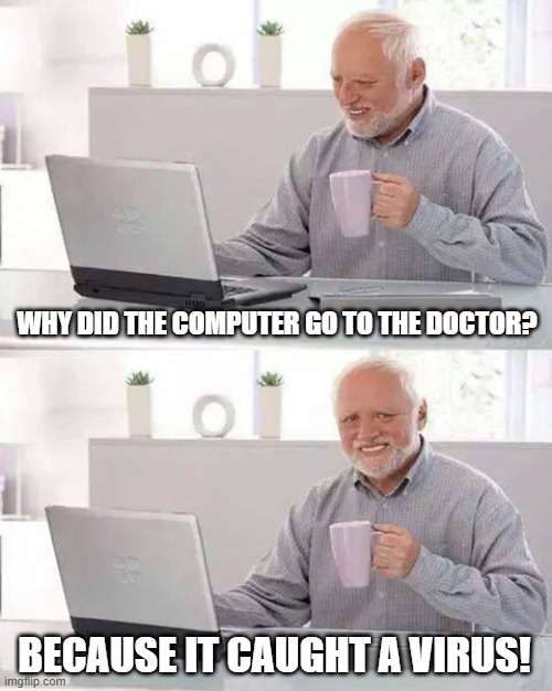MEMES KYLA CEREZO | WHY DID THE COMPUTER GO TO THE DOCTOR? BECAUSE IT CAUGHT A VIRUS! | image tagged in memes,hide the pain harold | made w/ Imgflip meme maker