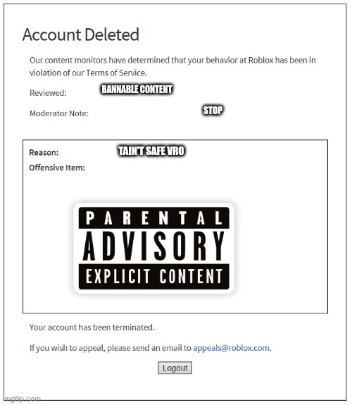 banned from ROBLOX | BANNABLE CONTENT STOP TAIN'T SAFE VRO | image tagged in banned from roblox | made w/ Imgflip meme maker