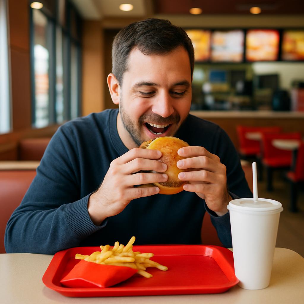 Man eating at a fast food restaurant Blank Meme Template