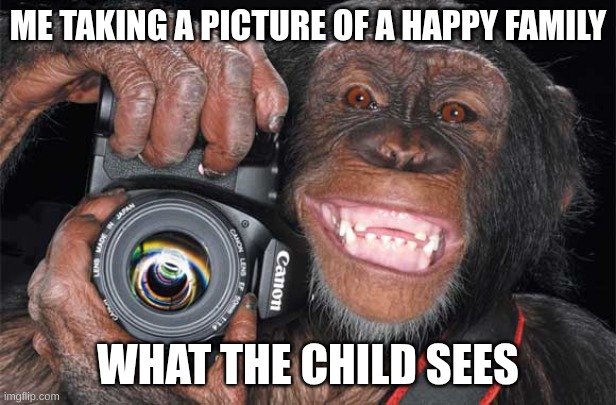 Camera Monkey | ME TAKING A PICTURE OF A HAPPY FAMILY; WHAT THE CHILD SEES | image tagged in camera monkey | made w/ Imgflip meme maker