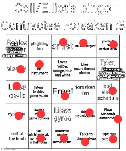 Coil/Elliot's bingo | Not anymore, not with diddy bazucki; Occasionally, he's really good, a bit glazed tho | image tagged in coil/elliot's bingo | made w/ Imgflip meme maker