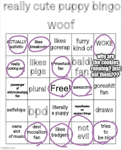 i try very hard to be nice please help i dont like being mean but i cant help it | why are the cookies running? just eat them??? | image tagged in dog bingo | made w/ Imgflip meme maker