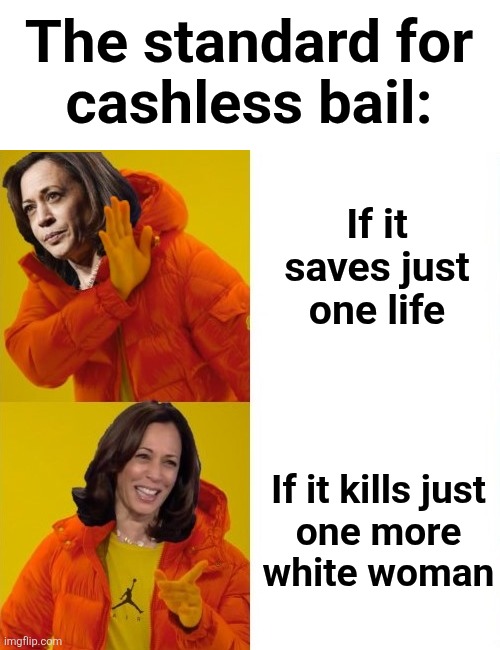 The democrats' flexible standards | The standard for
cashless bail:; If it saves just one life; If it kills just
one more
white woman | image tagged in kamala harris hotline bling,memes,cashless bail,mass murder,democrats,crime | made w/ Imgflip meme maker