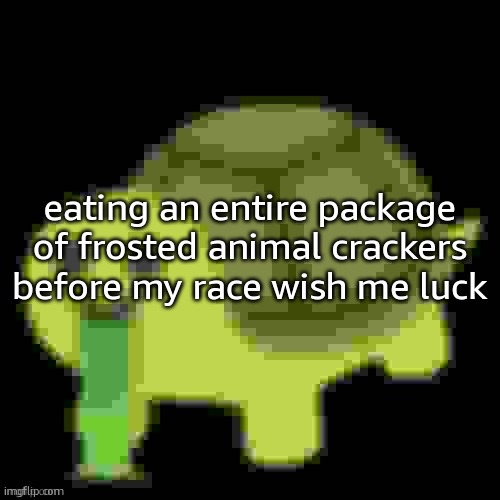 Low Quality Barfing Turtle | eating an entire package of frosted animal crackers before my race wish me luck | image tagged in low quality barfing turtle | made w/ Imgflip meme maker